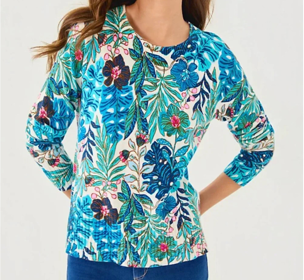 New Lilly Pulitzer Salima Sweater Breezy Aqua Best Fronds Forever S NWT $148